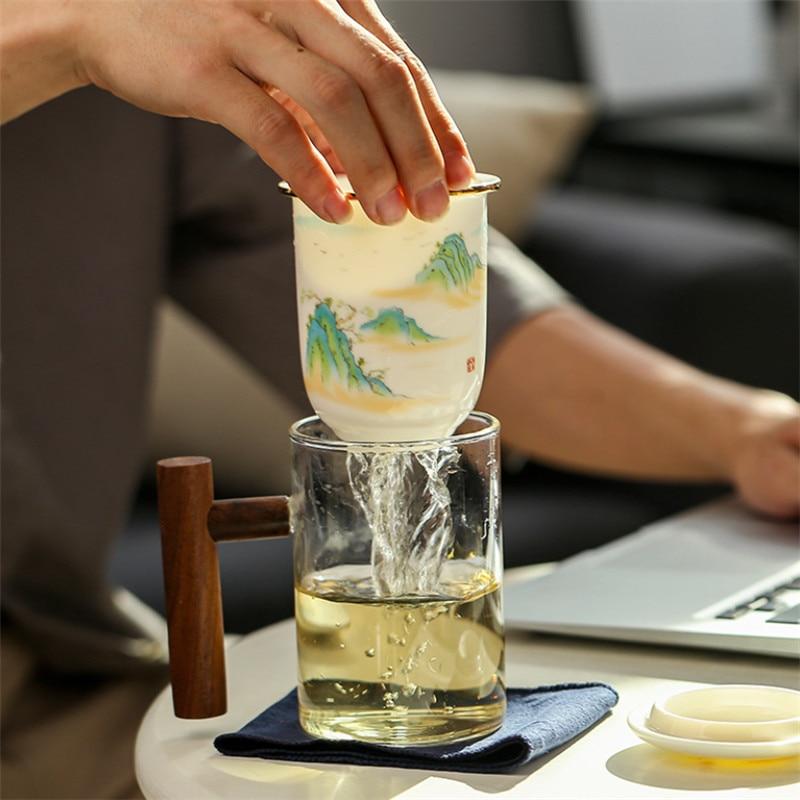 Креативная стеклянная чашка для разделения чая, керамическая чашка с фильтром, крышкой и деревянной ручкой, большая емкость, офисная кофейная кружка, посуда для напитков