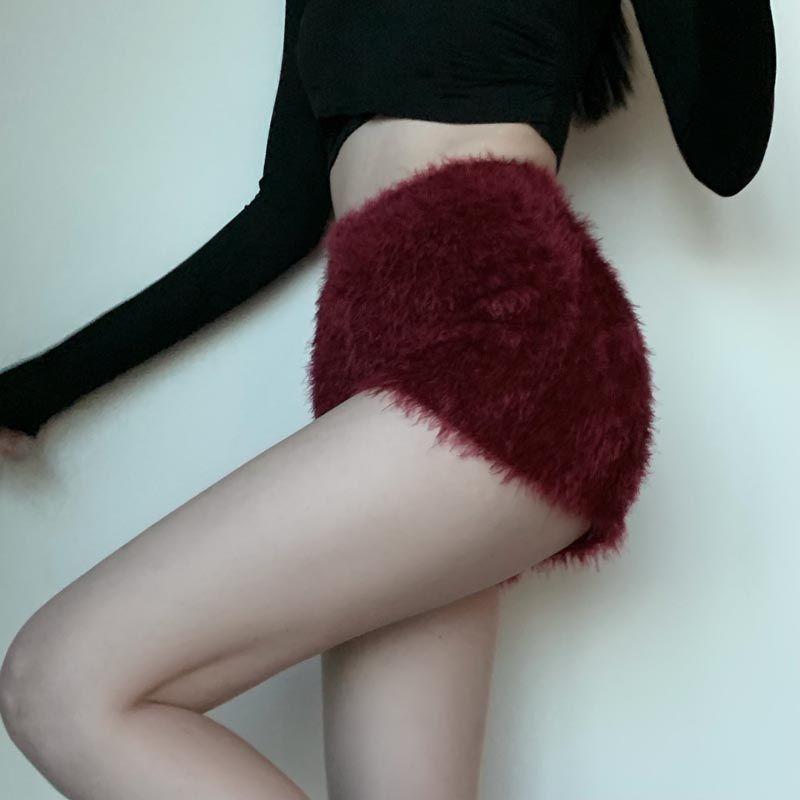 Женские сексуальные шорты, пушистые повседневные тонкие шорты, женские осенне-зимние эластичные вязаные шорты с высокой талией