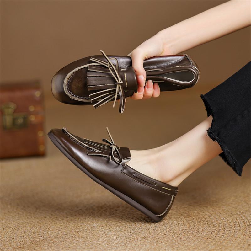 Fashion New Spring/Summer Split Leather Women Pumps Shoes for Women Fashion Tassels Round Toe Loafers Shoes Women Low Heels Flat Shoes