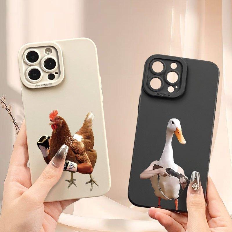 Чехол для телефона с дизайном "Дерущиеся курица и утка", подходит для iPhone 17, 16, 15, 14, 13, 12, 11 Pro/Max/Plus, противоударный и защищающий от падений