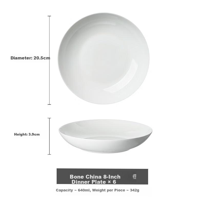 Youlaifu Ceramic Plates, Household White Porcelain Dishes, 8-Inch Bone China Plates, Serving Plates, Soup Plates, Microwave Safe, Set of 6