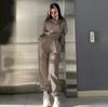 Women Solid Color Long Sleeve O-Neck Suit Autumn Winter Loose Top Wide Leg Pants