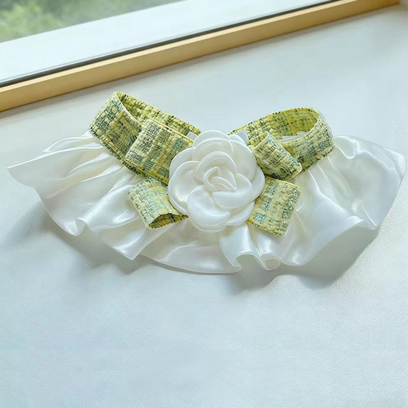 Elegant Rose Flower Ruffled Pet Collar Adjustable Plaid Fabric Neck Decoration For Kitten Small Cats Small Dogs Photo Costume