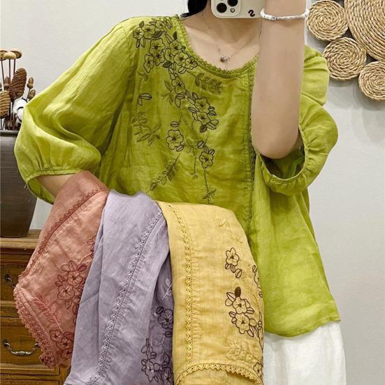 Женские топы с круглым вырезом и рукавами, вышитая футболка с цветочным узором, однотонная футболка, свободная рубашка, уличная одежда