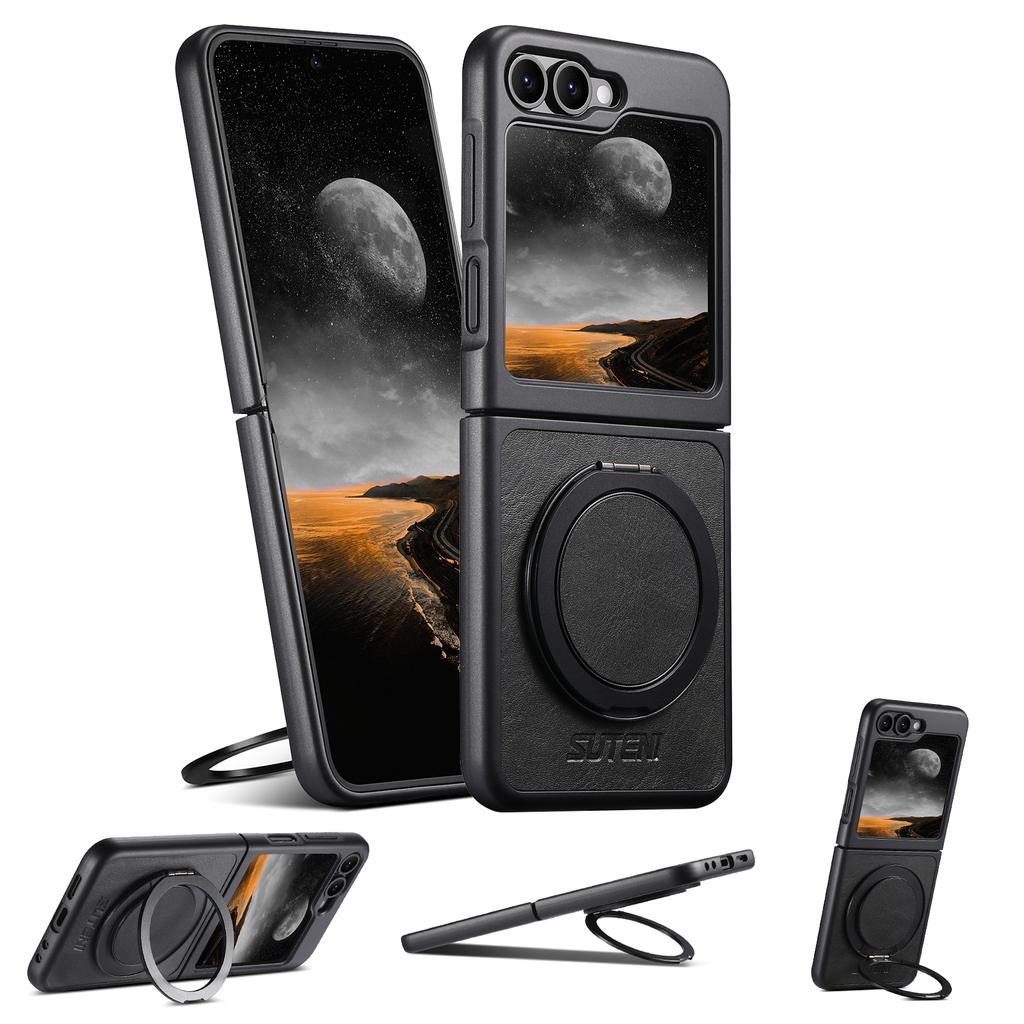 SUTENI G3 For Samsung Galaxy Z Flip5 5G Magnetic Case Waxy Texture Rotating Kickstand Leather Phone Back Cover