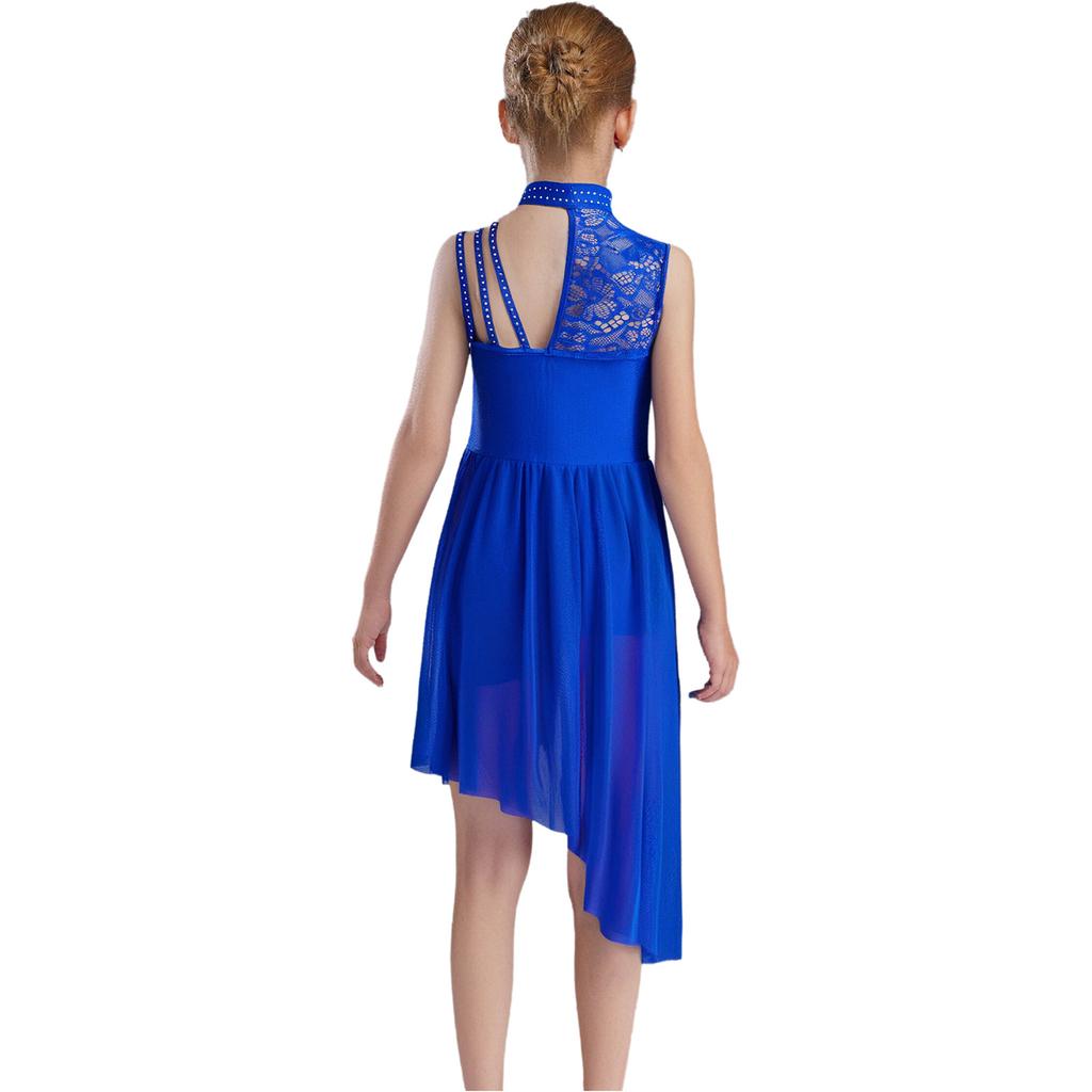 Платье-купальник без рукавов с воротником-стойкой – Асимметричное плечо, Цветочное кружево со стразами, Неровный подол для лирического танца