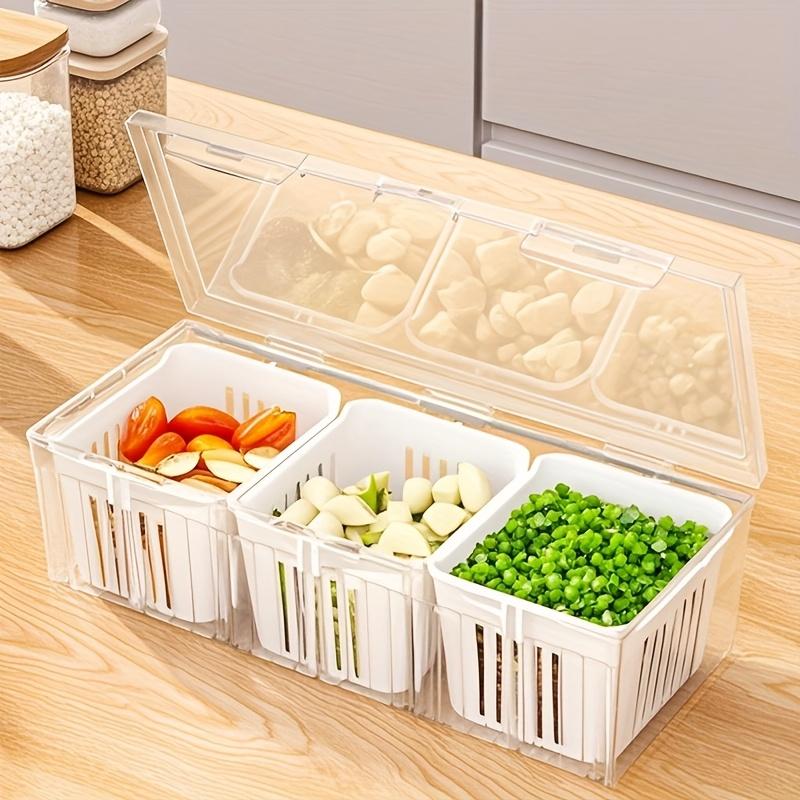 3 Compartment Food Storage Container With Lid Transparent Square Blue Drain Box For Fridge Salad Fruit Veg Condiments Reusable