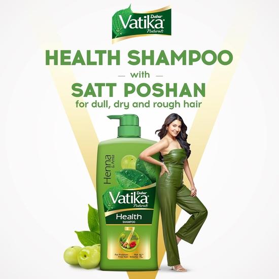 Dabur Шампунь Vatika Health - 1 л | С 7 натуральными ингредиентами | Для гладких, блестящих и напитанных волос | Восстанавливает поврежденные волосы, контролирует пушистость
