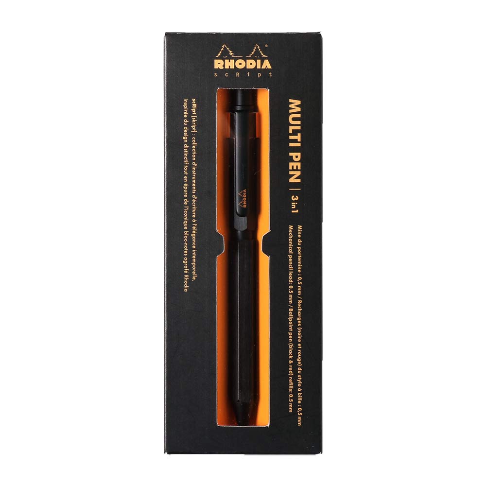 Шариковая ручка RHODIA Pen SCRIPT, 2 цвета, механический карандаш, алюминиевый корпус, обработка волосяной линией, роторного типа, черная cf9342, многофункциональная ручка