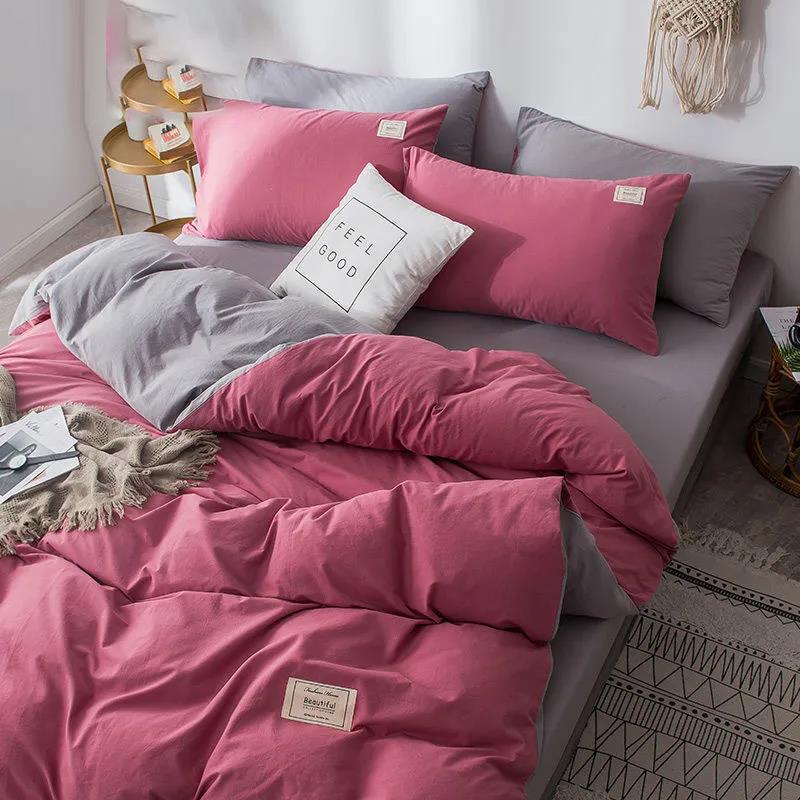Современный простой комплект постельного белья из чистого хлопка, однотонная однотонная двуспальная кровать из четырех частей