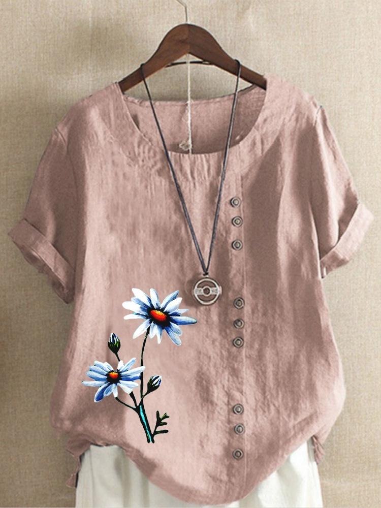 Summer Casual Flower Print Loose T-shirts Vintage Cotton and Linen O-Neck Plus Size Short Sleeve Blouse Tops For Women S-5XL