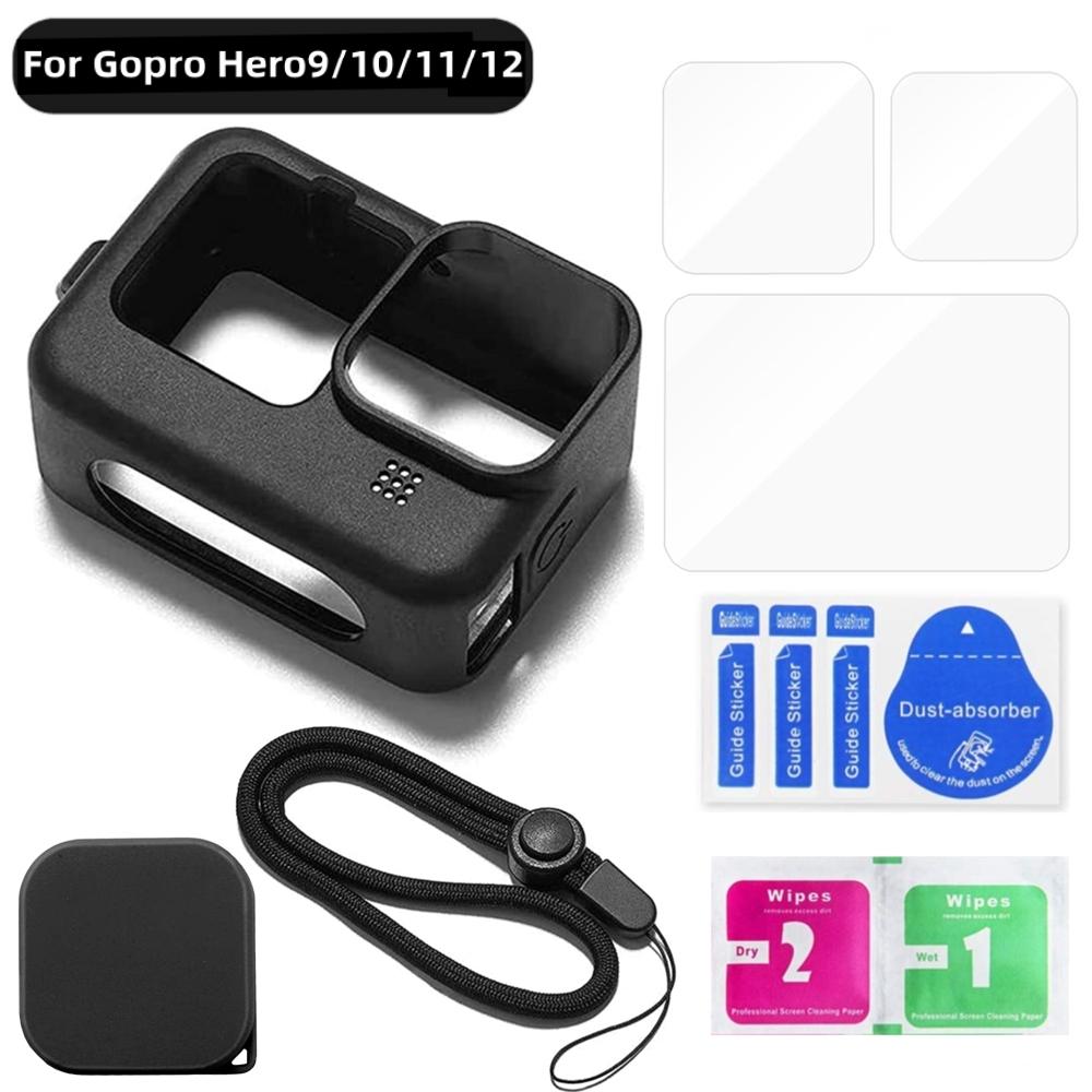 Silicone Case for GoPro Hero12 11 10 Black Tempered Glass Screen Protector Protective Film Lens Cap Cover for GoPro9 Accessories