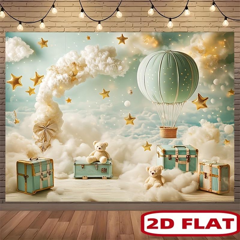 2D flat wacky sky background banner with hot air balloon  teddy bear and suitcase