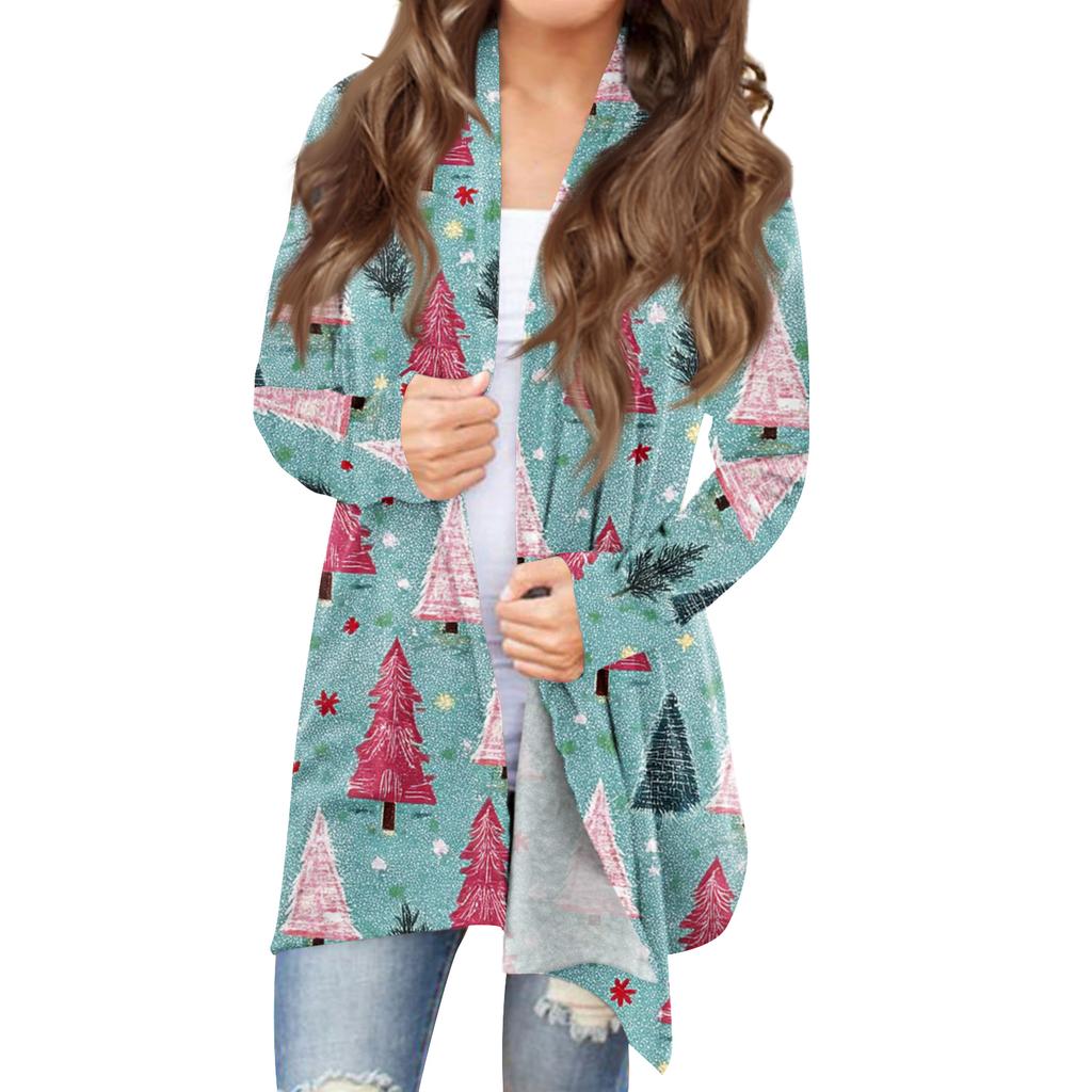 Women's Fashionable Loose-Fit Casual Cardigan With Christmas Print Mid-Length Coat