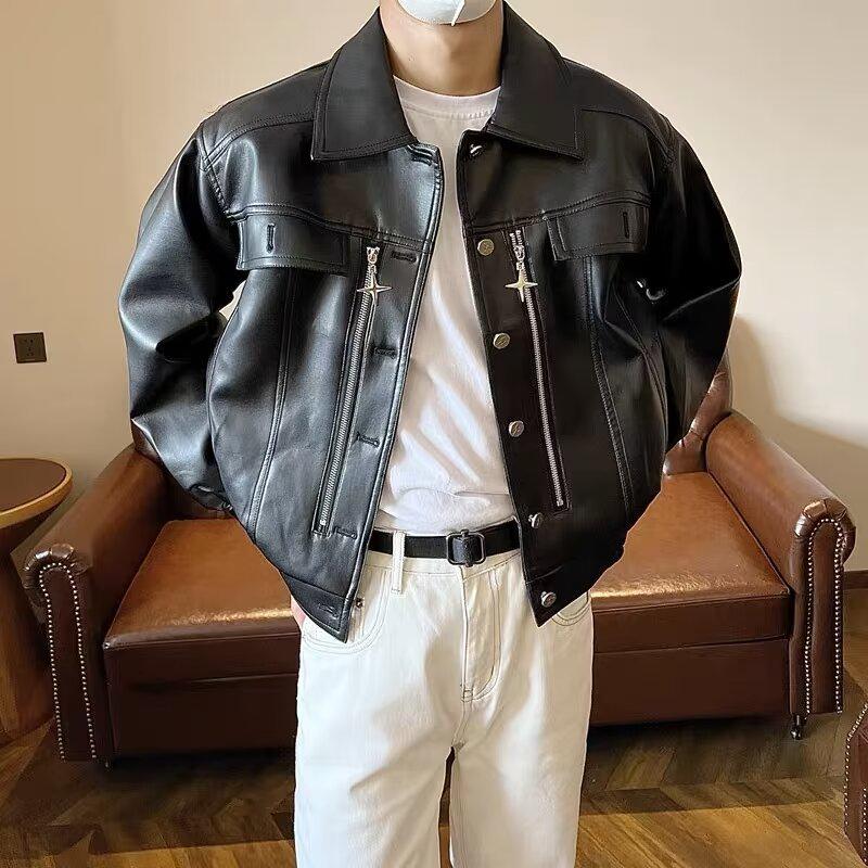 Мужская кожаная куртка в стиле ретро на весну и осень — стильная, повседневная, свободного кроя с лацканами
