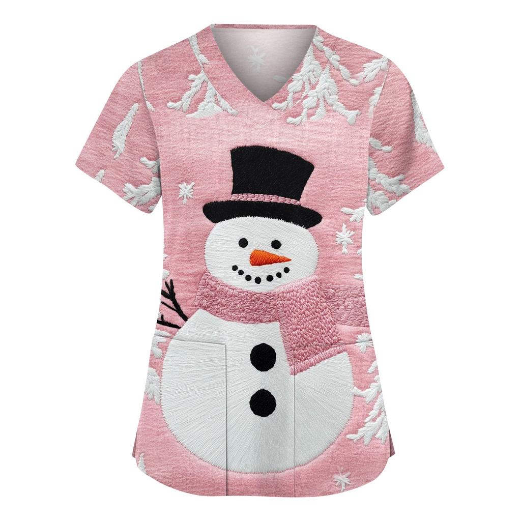 Женский модный рабочий топ с V-образным вырезом, рождественским принтом, короткими рукавами, карманом, боковым разрезом, базовый пуловер