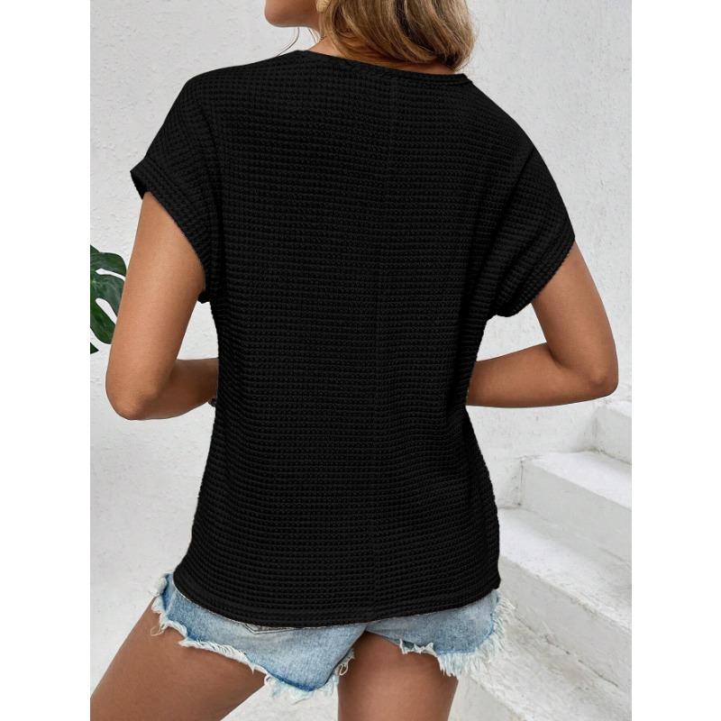 VEZFAA Женские модные повседневные летние весенние однотонные блузки и рубашки с короткими рукавами и круглым вырезом с принтом