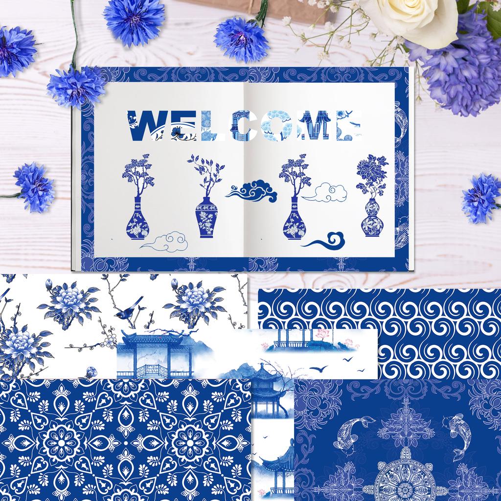 24pcs Blue White Porcelain Scrapbooking Material Paper Pads Vintage Chinese Ink Pattern Backdrop Decorative Origami Paper Crafts