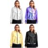 Womens Holographic Bomber Jacket Metallic Shiny Long Sleeve Zipper Front Striped Band Baseball Coat