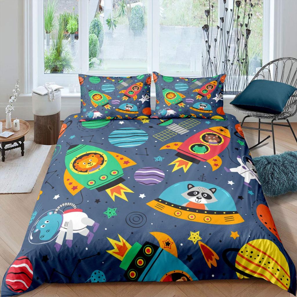 Комплект постельного белья «Ракета» King Size, комплект постельного белья «Космический корабль», микрофибра, космический корабль, звезды, планета, мультяшный стиль, пододеяльник