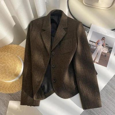 Повседневный шерстяной пиджак кофейного цвета в клетку с ретро-дизайном для женщин