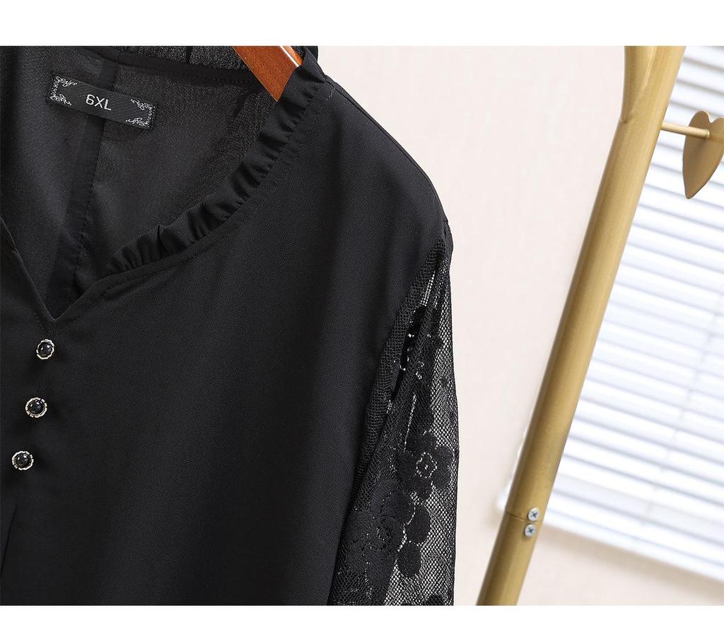 Plus Size Women's Chiffon Blouse - Seven-Sleeve, Hollow Out, Slimming Autumn Fashion Top, Style 25065T