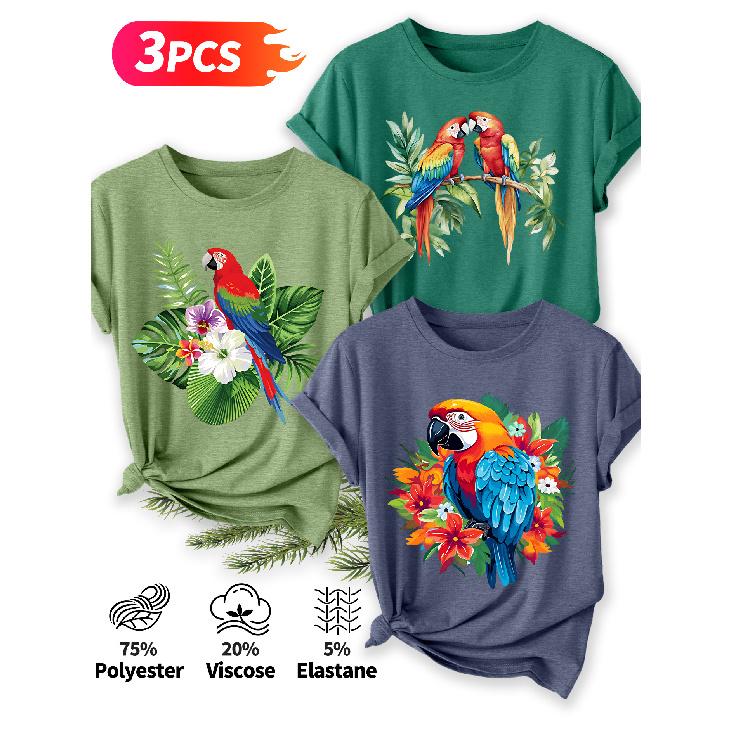 Three-piece set Elegant short-sleeved shirt for women Tropical Parrot Floral Print Pattern Round Neck Short Sleeve Casual Style Holiday Spring