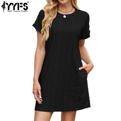 Женская мода лето весна однотонный принт с коротким рукавом и круглым вырезом свободная талия повседневные платья