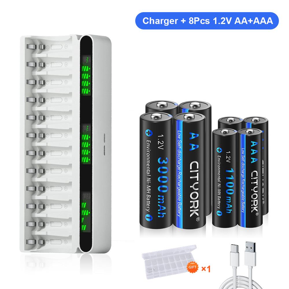 Charger and Battery Combo Kit 12 Slot Smart LCD USB/Type-C Hybrid 1.2V Battery Charger + 1.2V AA/AAA NiMH Rechargeable Battery