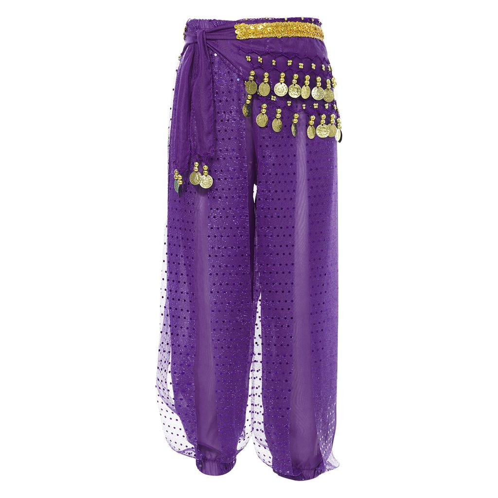 Girls Elegant Belly Dance Pants Sequin Embellished Chiffon Fabric Elastic Waist Beaded Tassels Performance Wear