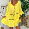 Oversized Plus Size Women Cotton Blouse Tops Solid Color Yellow White Hollow Out Buttoned Flare Sleeve Loose Ruffle Shirt