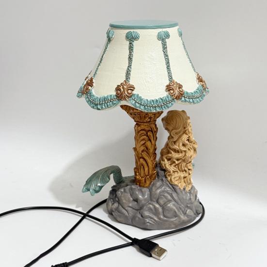 Resin Mermaid Table Lamp Hand-Painted Mermaid Night Light with USB Port Desk Lamp for Bedroom Living Room Decor