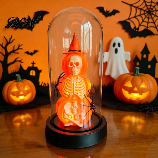 Halloween Souvenir Decor Pumpkin Skeleton Cloche Lamp, Lighted Stacking Skull in Clear Atmosphere Night Light Dome with Witch Hat for Tabletop Mantel,