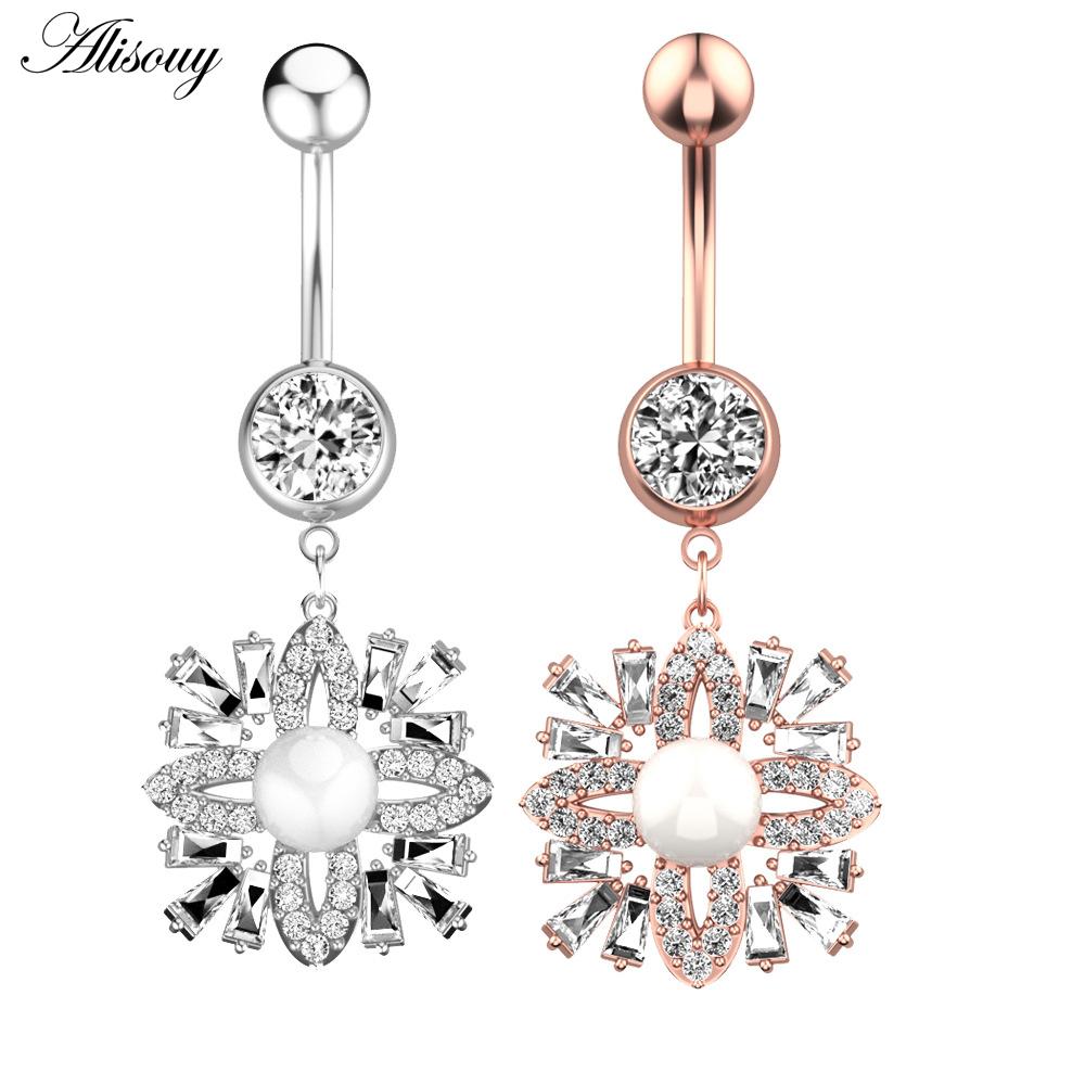 Alisouy 1pc Surgical Steel Crystal Zircon Flower Heart Leaf Bow-knot Dangle Button Navel Piercing Ring Belly Ring Body Jewelry