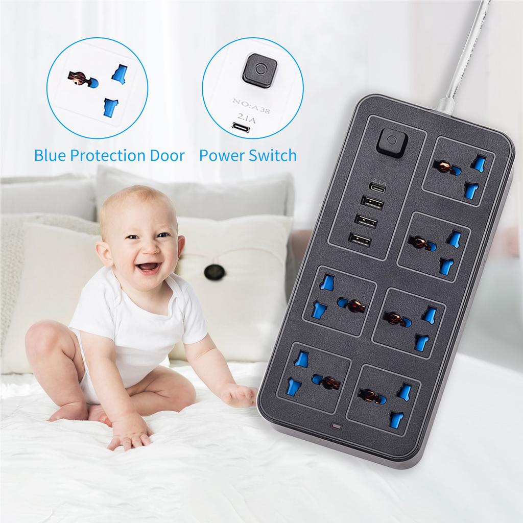 Power Strip With 6 AC Sockets & 3 USB 1 Type C Port 6FT Extension Cord Protector for Home Office Dorm Power Button