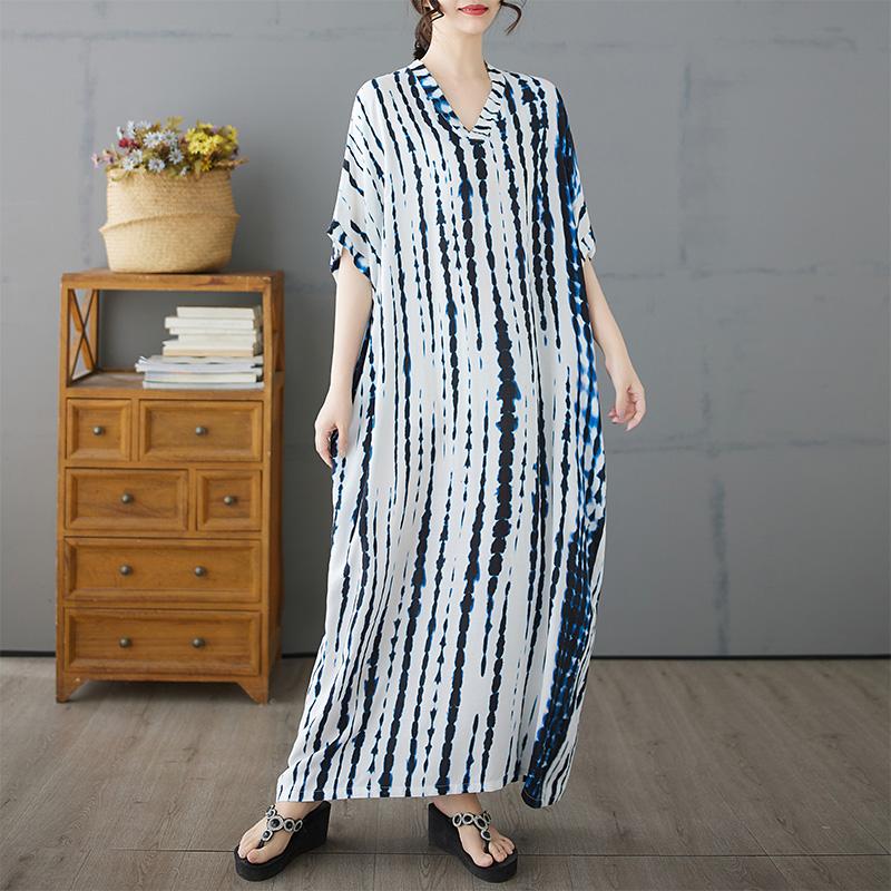 Dimanaf Плюс размер Новое летнее длинное платье с принтом 2025 года Женское базовое винтажное пляжное повседневное платье с V-образным вырезом Свободное платье