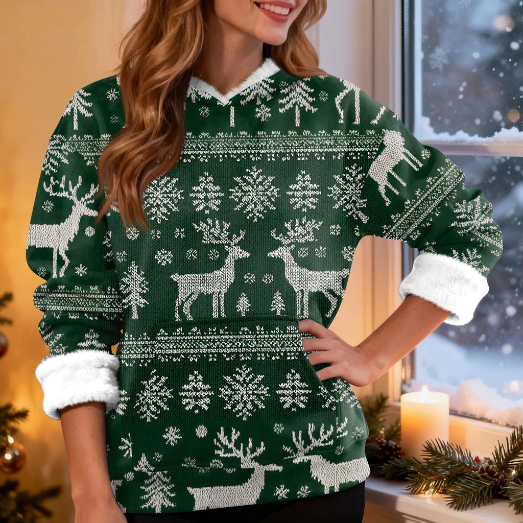 Женская модная повседневная толстовка с капюшоном и длинным рукавом с рождественским принтом