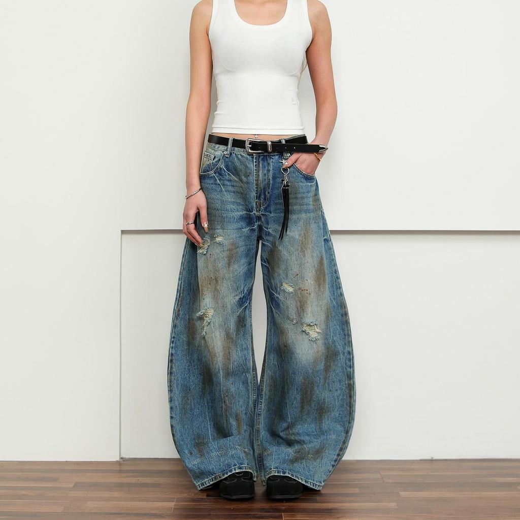 Унисекс Винтажные Хип-Хоп Рваные Джинсы Широкого Покроя с Изогнутыми Штанинами и Эффектом Грязной Стирки