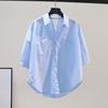 Women Summer Lapel Short Sleeve Single Breasted Shirt Loose Fit Back Hollow Knot Design Thin Shirt