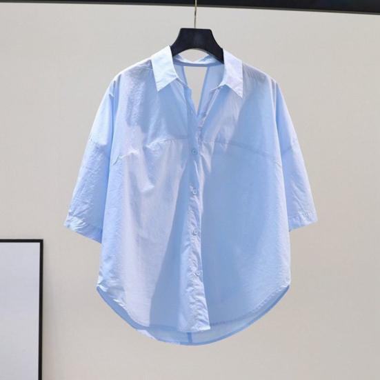 Women Summer Lapel Short Sleeve Single Breasted Shirt Loose Fit Back Hollow Knot Design Thin Shirt