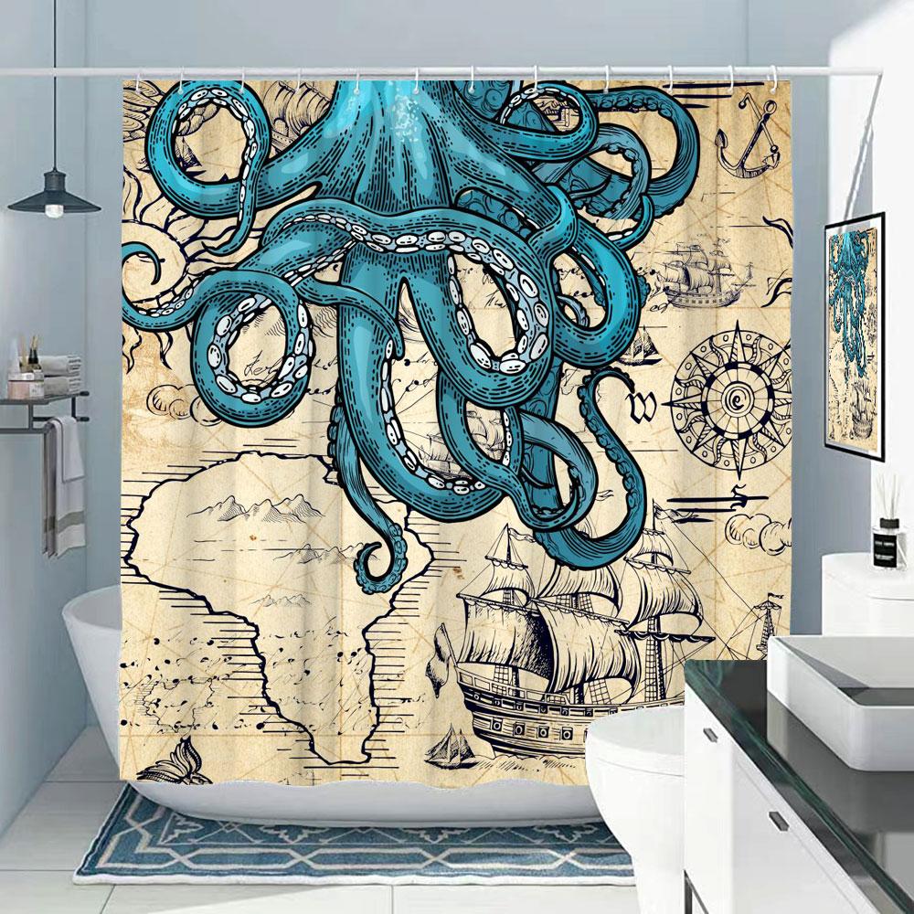 Octopus Bath Shower Curtain Nautical Ocean Sea Turtle Beach Coastal Navy Blue Fish Seashell Jellyfish Fabric Bath Curtains Bathroom Decor