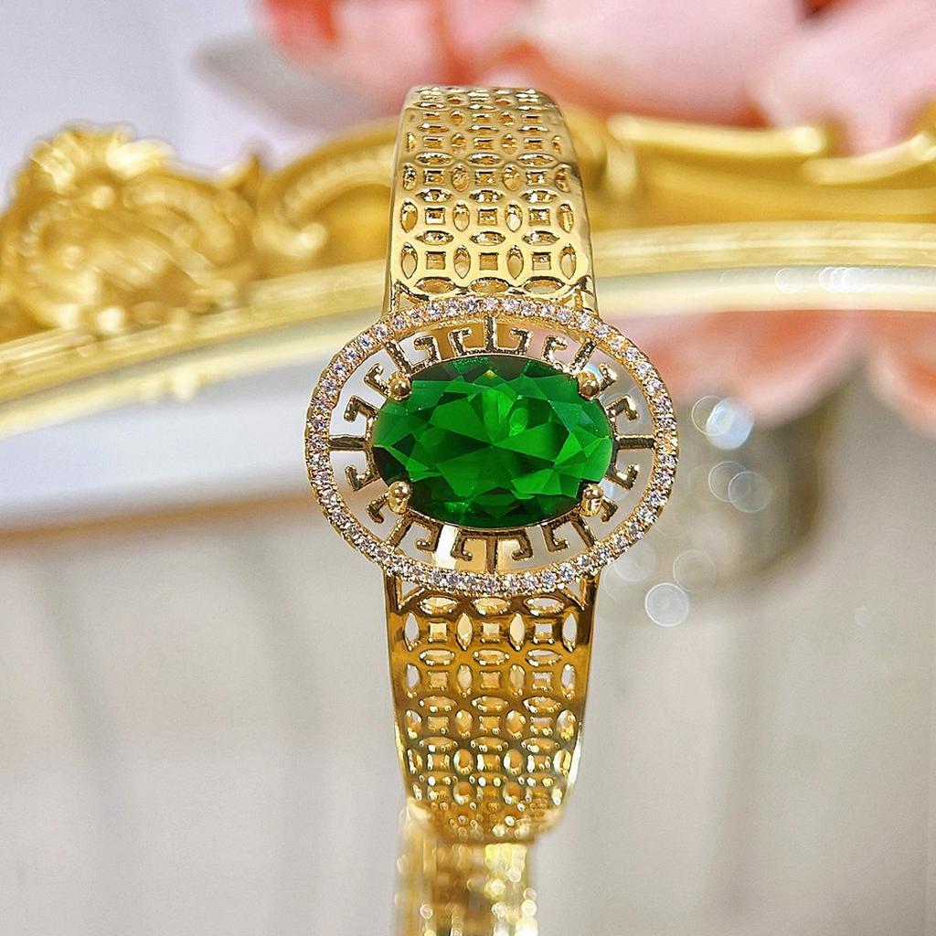 CMM Retro Palace Handmade Hollow Italian Brushed Metal Natural Green Zircon Light Luxury Wide Bracelet Bangle Hand Accessories