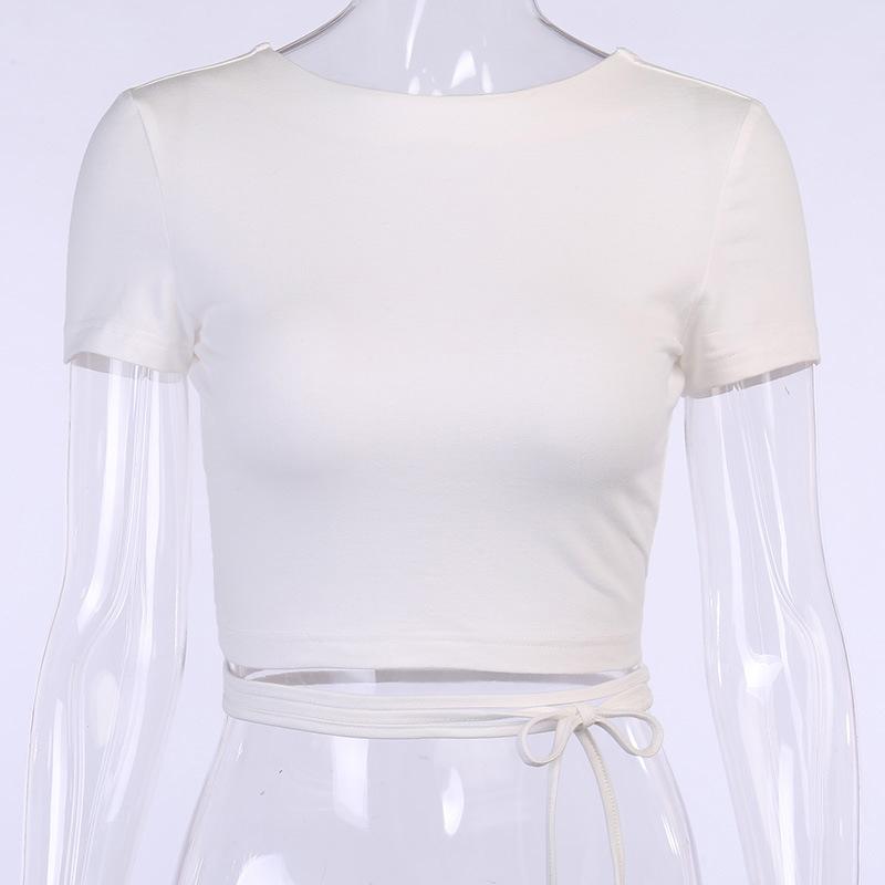Open Back Crop Tops Summer Women Bandage Lace-up Backless Solid Pullover T Shirt Slim Tee