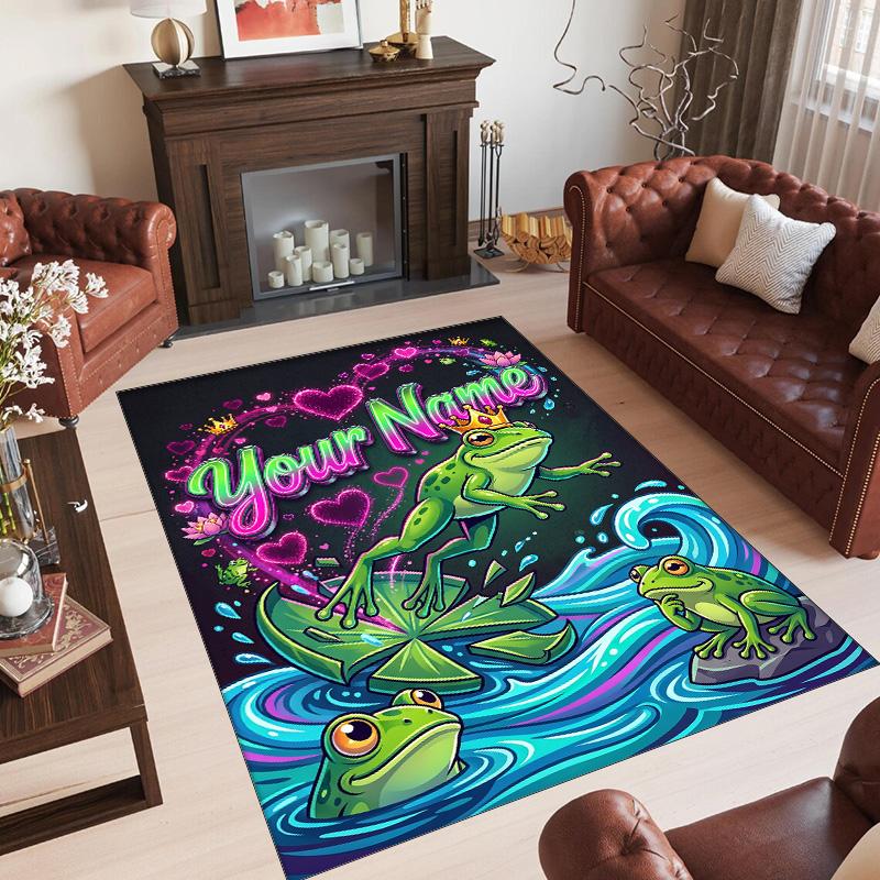 Frog Theme Crystal Velvet Floor Rug Personalized Custom Name Text Warm Carpet Home Decoration