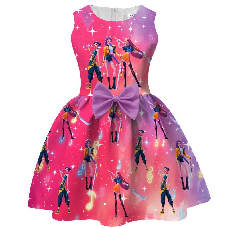 Girls Sleeveless Dress Witch Hunting Girls Group Full Print Galaxy Music Note Skirt with Big Bow Kids Princess Party Birthday Casual Sundress Little