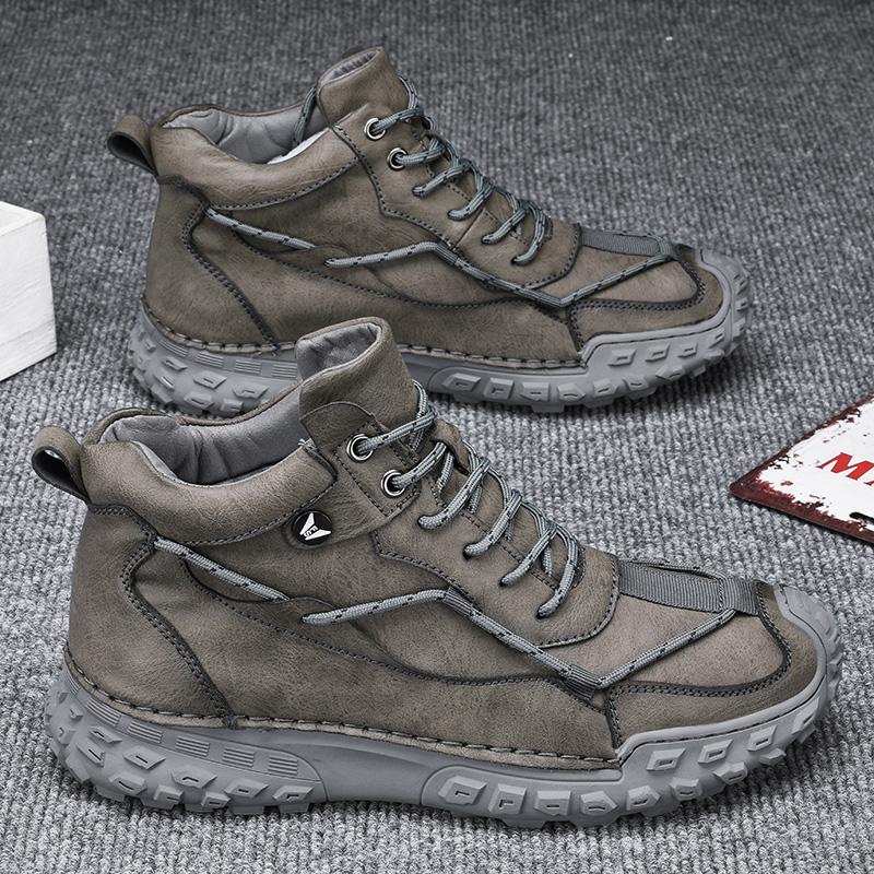 38-46 Модные зимние ботинки для мужчин, плюшевые кожаные ботинки с ручным швом, высокие походные ботинки, нескользящие, теплые, мужские ботинки, большие