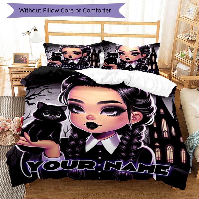 3PC Custom Name Gothic Cat Girl Artwork Bedding Set Printed Bedding Set Duvet Cover Closure Includes 1 Duvet Cover & 58 Pillowcases for Bedroom