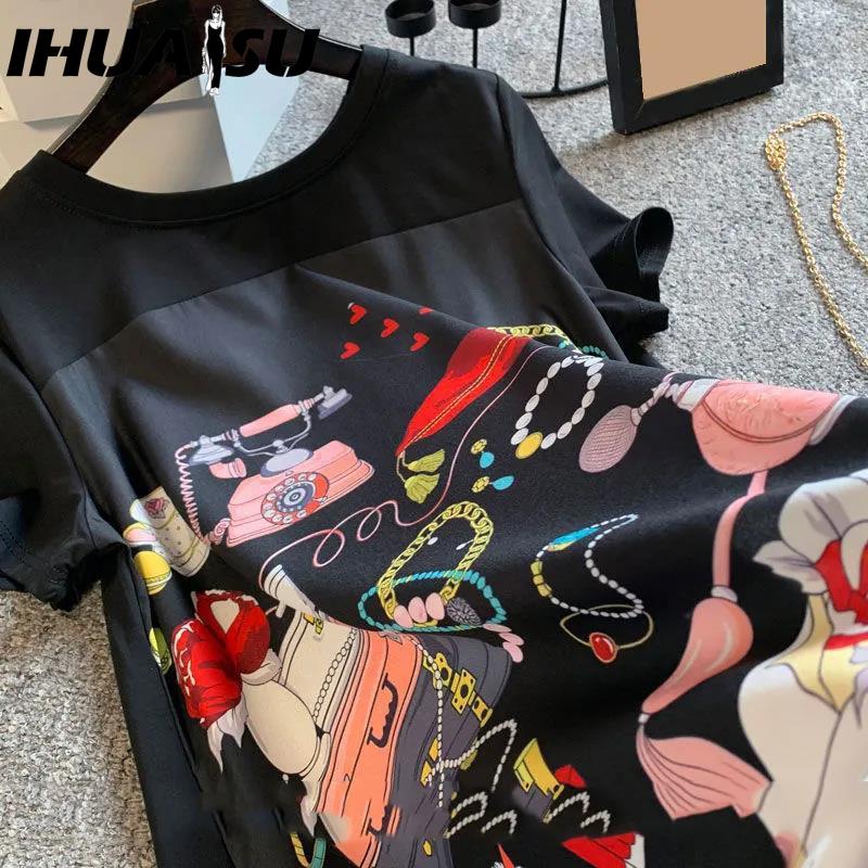 IHUASU Женское платье больших размеров А-силуэта свободного покроя, черное длинное платье-футболка, шелковистое, удобное