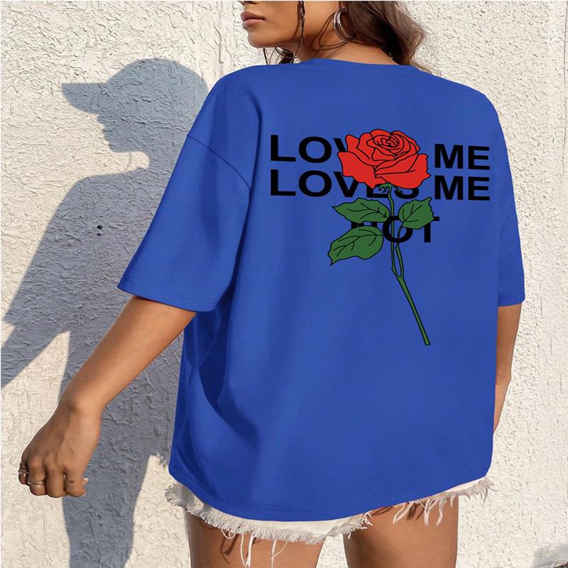 Женская футболка с буквенным принтом LOVE ME и роза, летняя свободная одежда большого размера, дышащие футболки в стиле хип-хоп из 100% хлопка с короткими рукавами