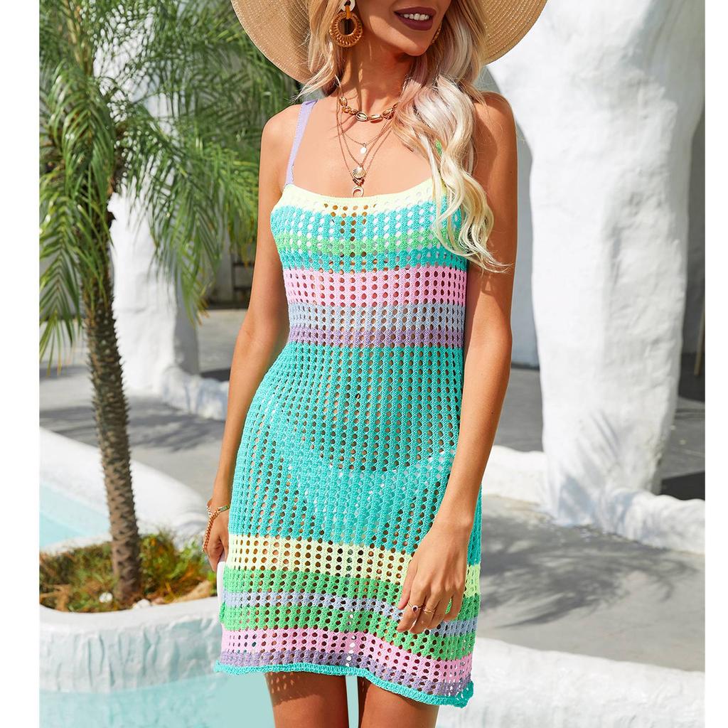 Вязаное платье без рукавов с ажурным узором, пэчворк из разноцветных полос, модное пляжное платье-бикини с открытой спиной для лета, озера